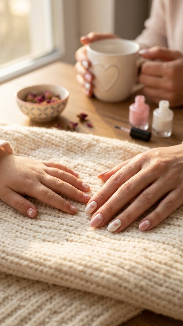 Mother & daughter hands with matching pink and white heart nail art. Cute Valentine's Day nail ideas at home.