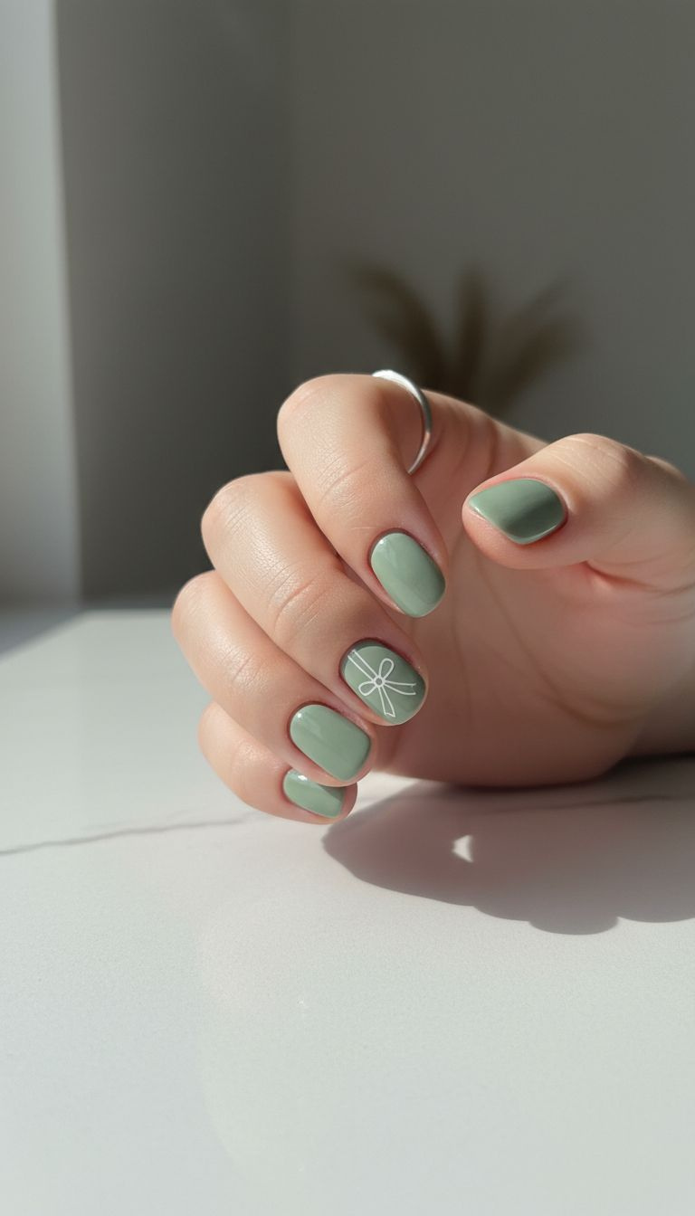 Muted sage green rounded nails with a minimalist white line art bow outline on the ring finger, clean and fresh.