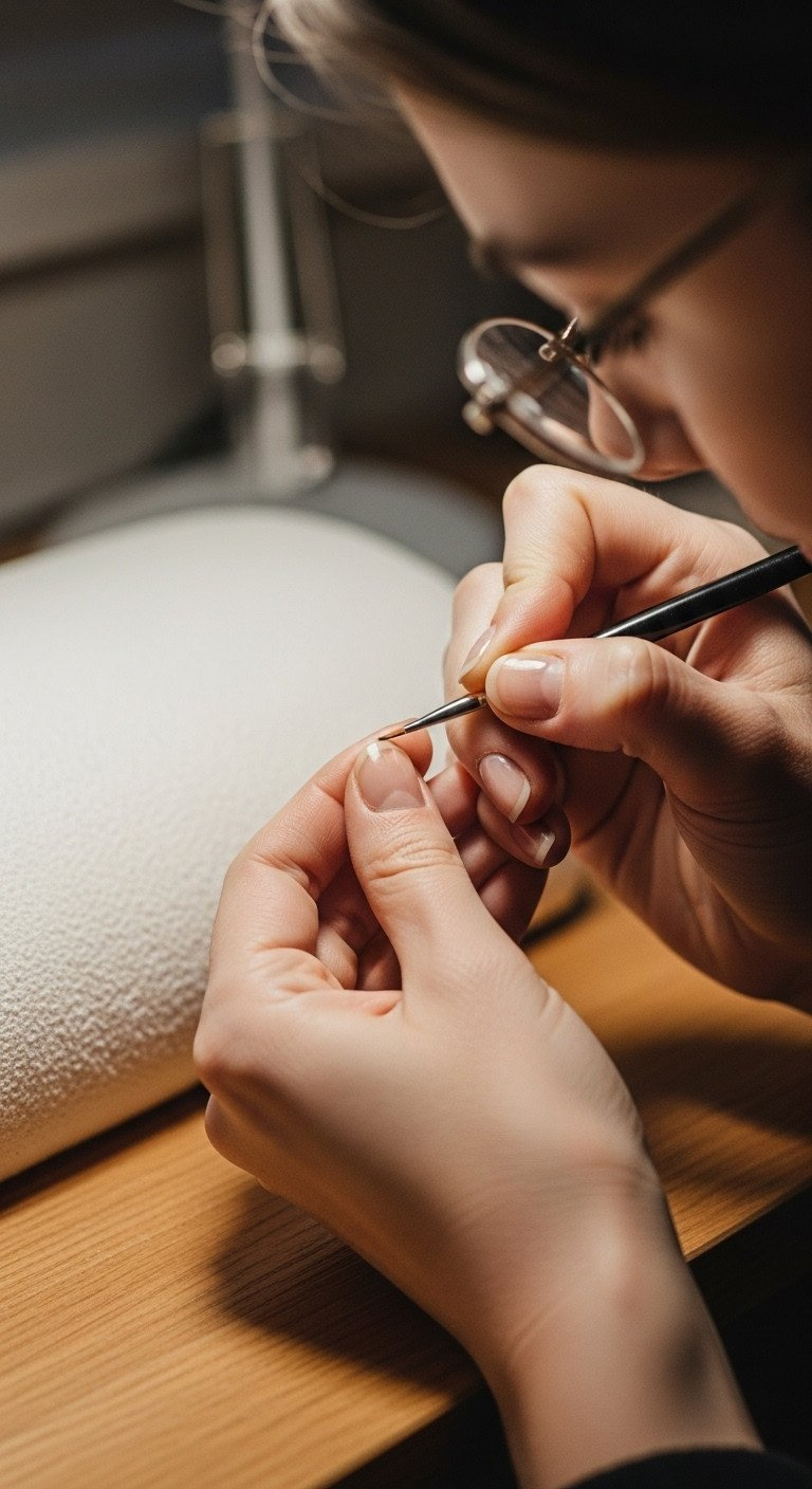 Nail art stabilization: pinky finger anchors for steady detail brush on nail. Precision technique, neutral brown & cream.