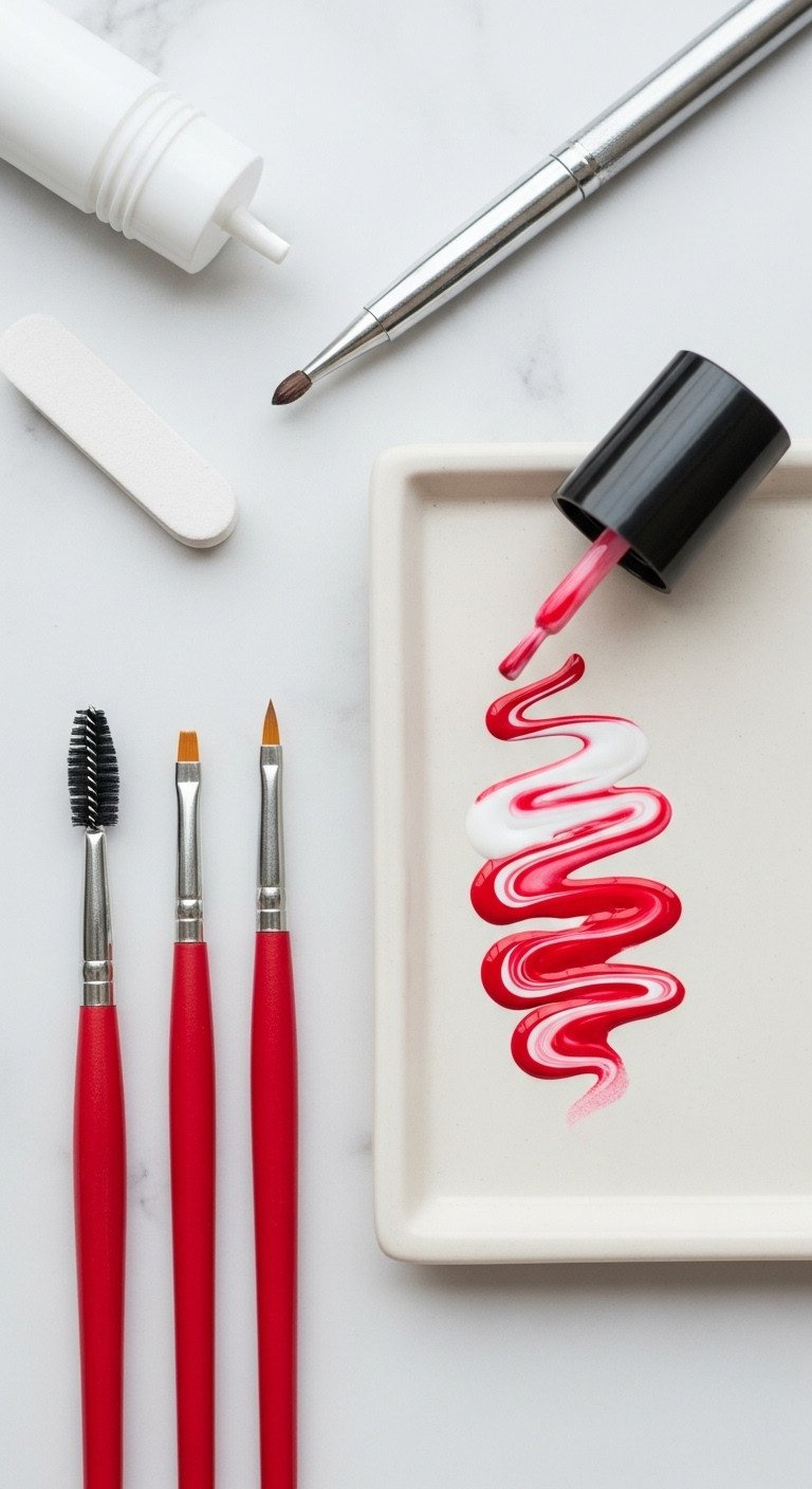 Nail art tools: detail brushes with red & white gel paint on ceramic palette. Precision liner brushes, red, white, cool gray.
