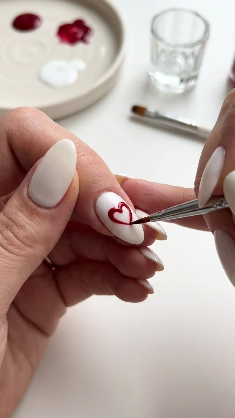 Nail art tutorial: hand drawing a small red heart freehand on a white nail with a fine brush. Focus on precision.