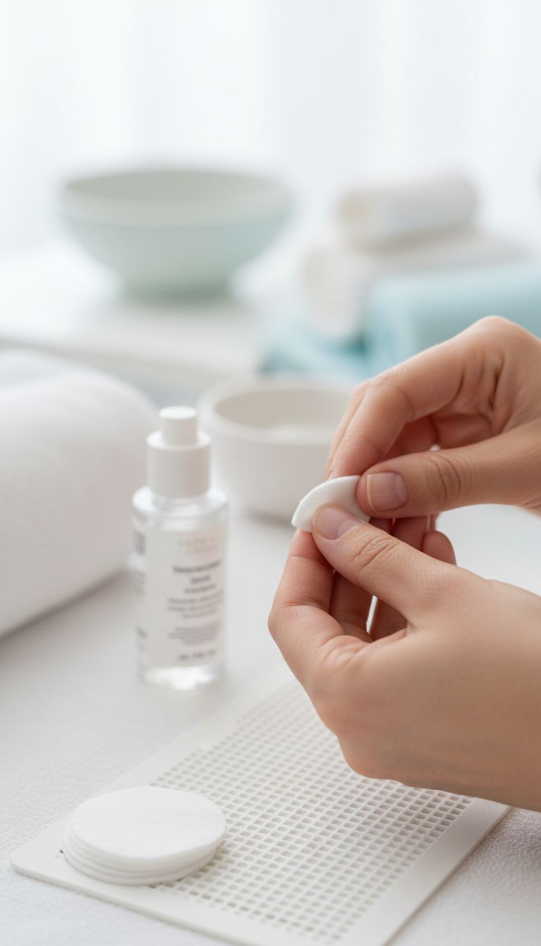 Nail technician meticulously wiping a buffed nail plate with an alcohol wipe, preparing for a blue Christmas bow design.