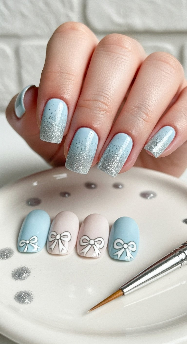 Nails with baby blue to silver glitter ombre, tiny white micro-bows near cuticles, fine liner brush and dotting tool.