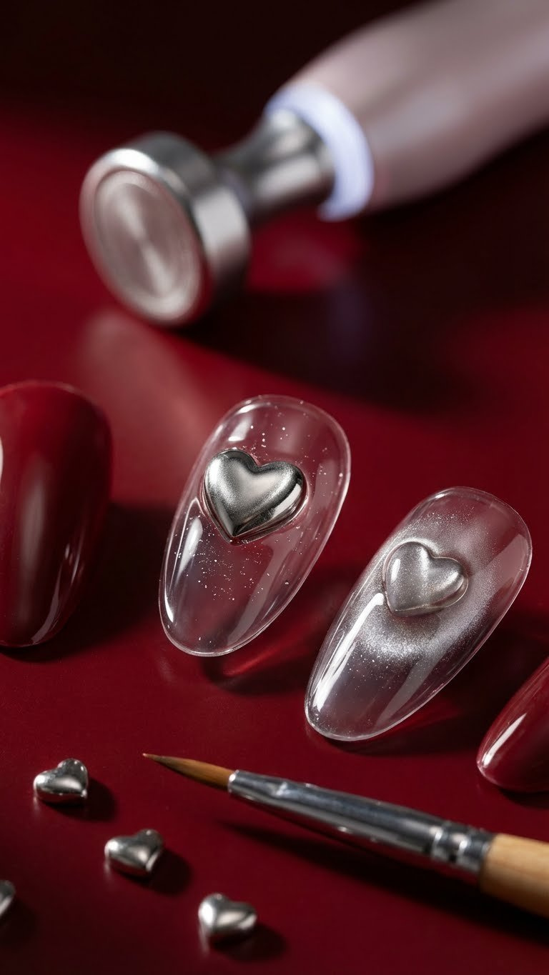 Nails with encapsulated 3D magnetic heart charms in clear hard gel, highlighting metallic texture on a red countertop.