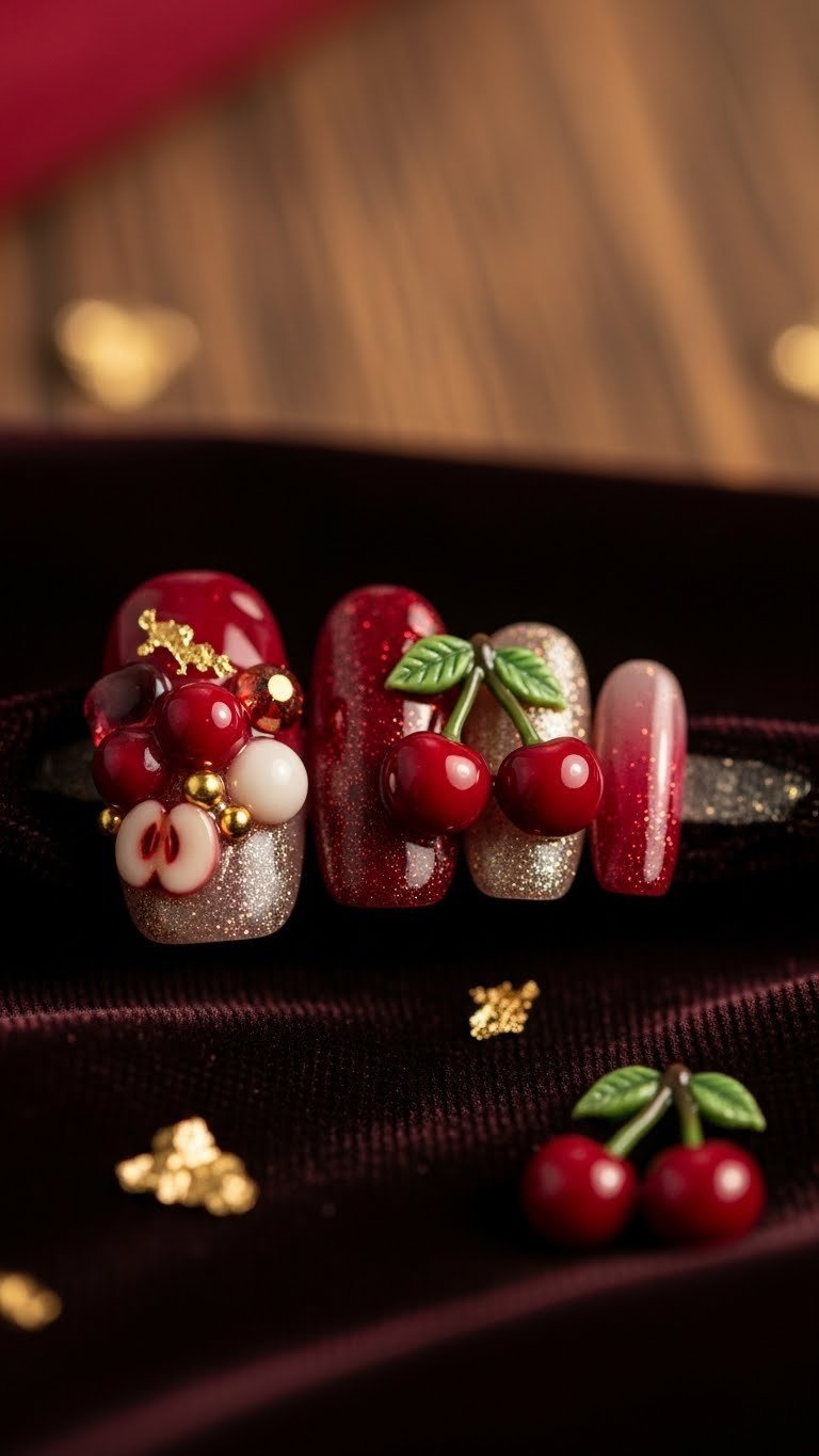 Nails with intricate 3D red cherries, glitter polish, gold flakes, on a dark velvet surface.