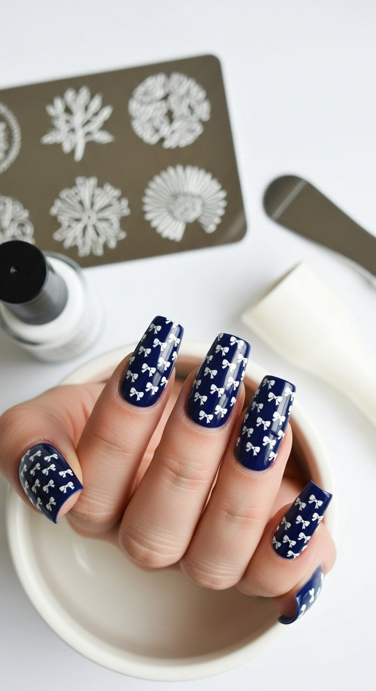 Navy blue nails with a uniform white miniature bow pattern; intricate stamped nail art technique on ceramic surface.