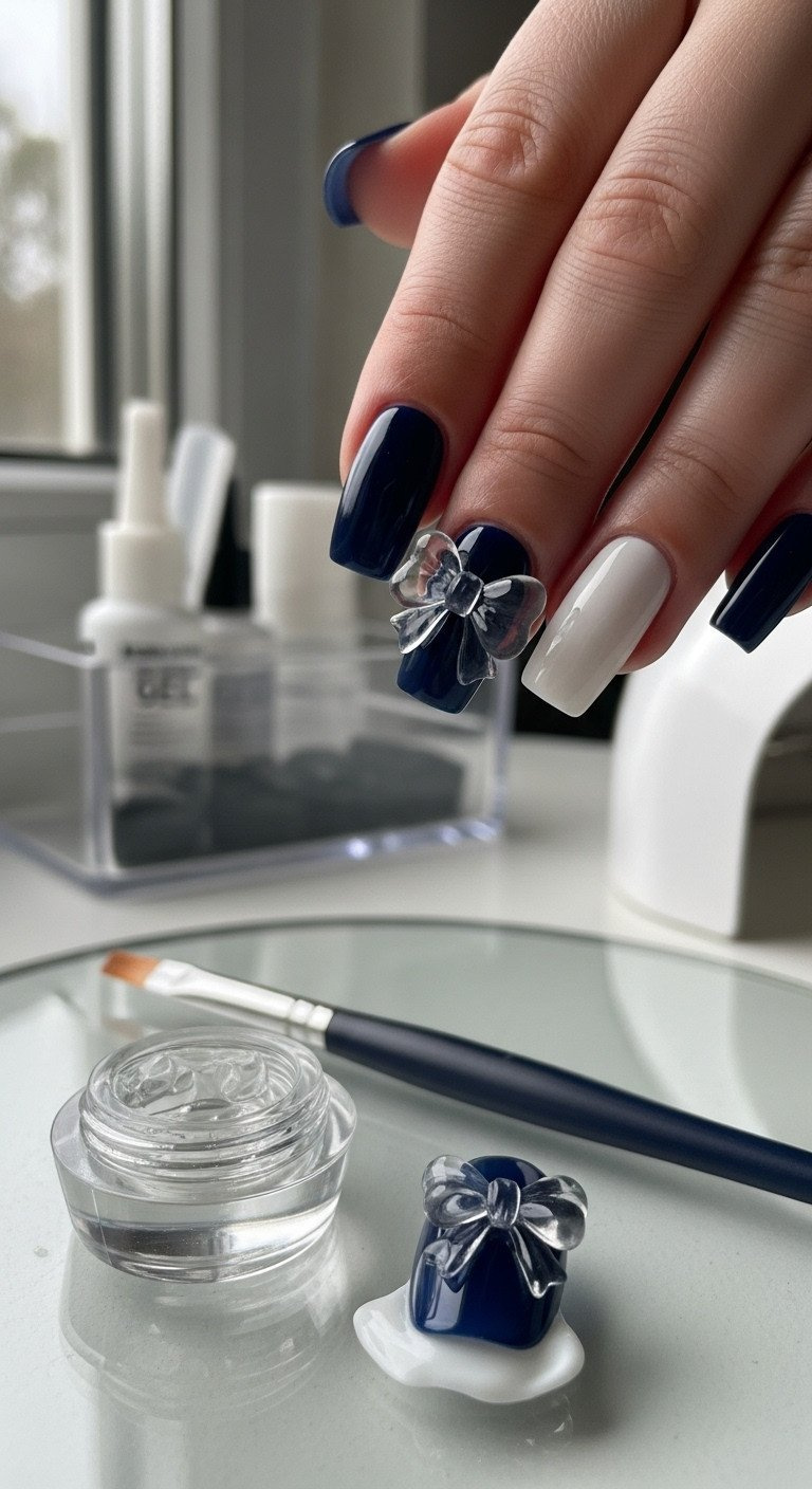 Navy gel nails with durable 3D sculpted clear builder gel bows; professional, glass-like structural nail art.