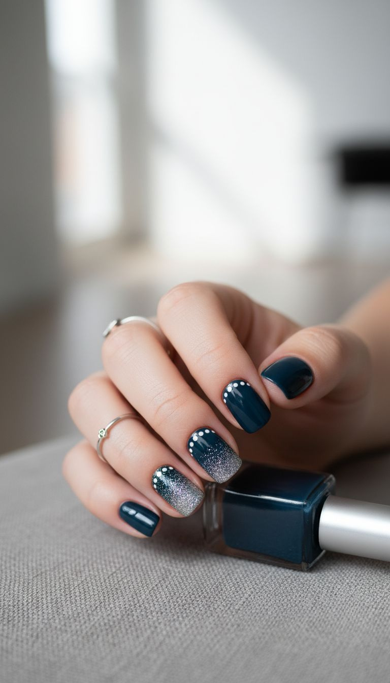 Navy teal glitter gradient accent nail art with white dots, silver ring on gray linen, elegant modern manicure.