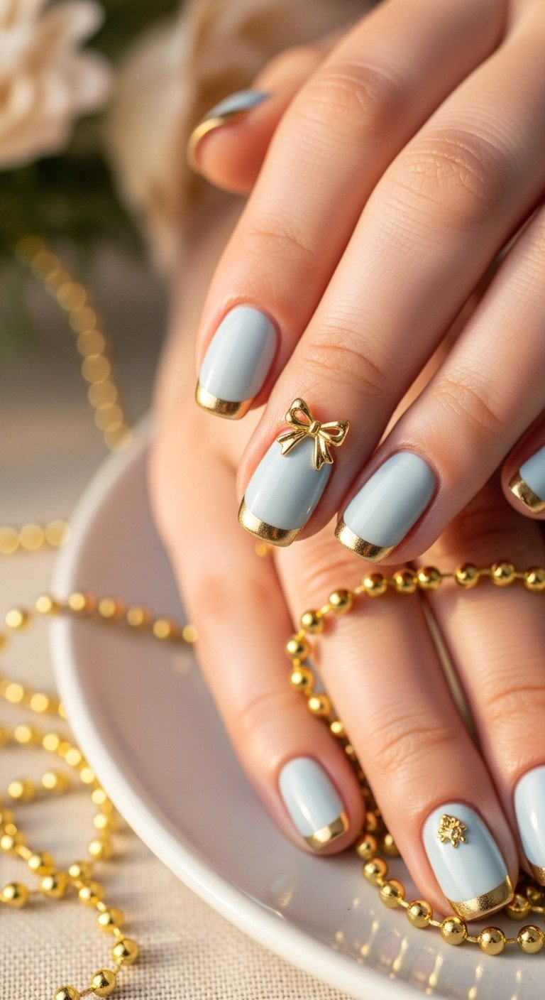 Neatly manicured nails with pale light blue base and thin gold French tips. Tiny gold metallic bow charm with micro-beads.