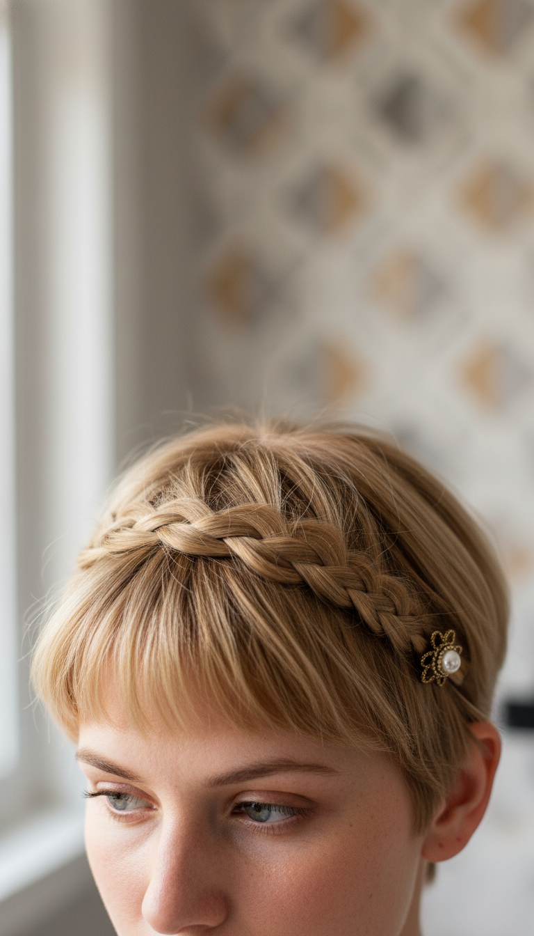 Neatly secured braided bangs on a short pixie cut, sweeping across the forehead and blending seamlessly. Decorative bobby pin.