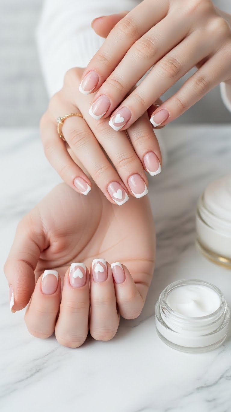 Negative space Valentine's nail art featuring delicate white heart outlines on short nude nails, on a marble counter.