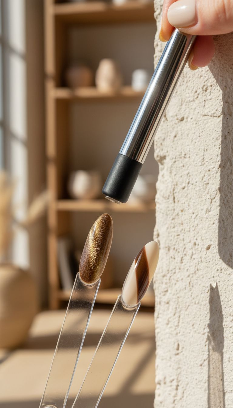 Neodymium magnet held at 45-degree angle above magnetic gel polish, creating a diagonal velvet line effect on nails.