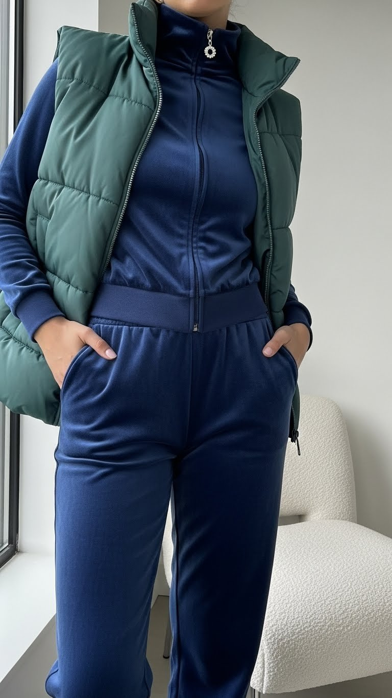 Nostalgic Y2K winter look: model in sapphire blue velour tracksuit, quilted puffer vest, silver hoops, crystal zipper.