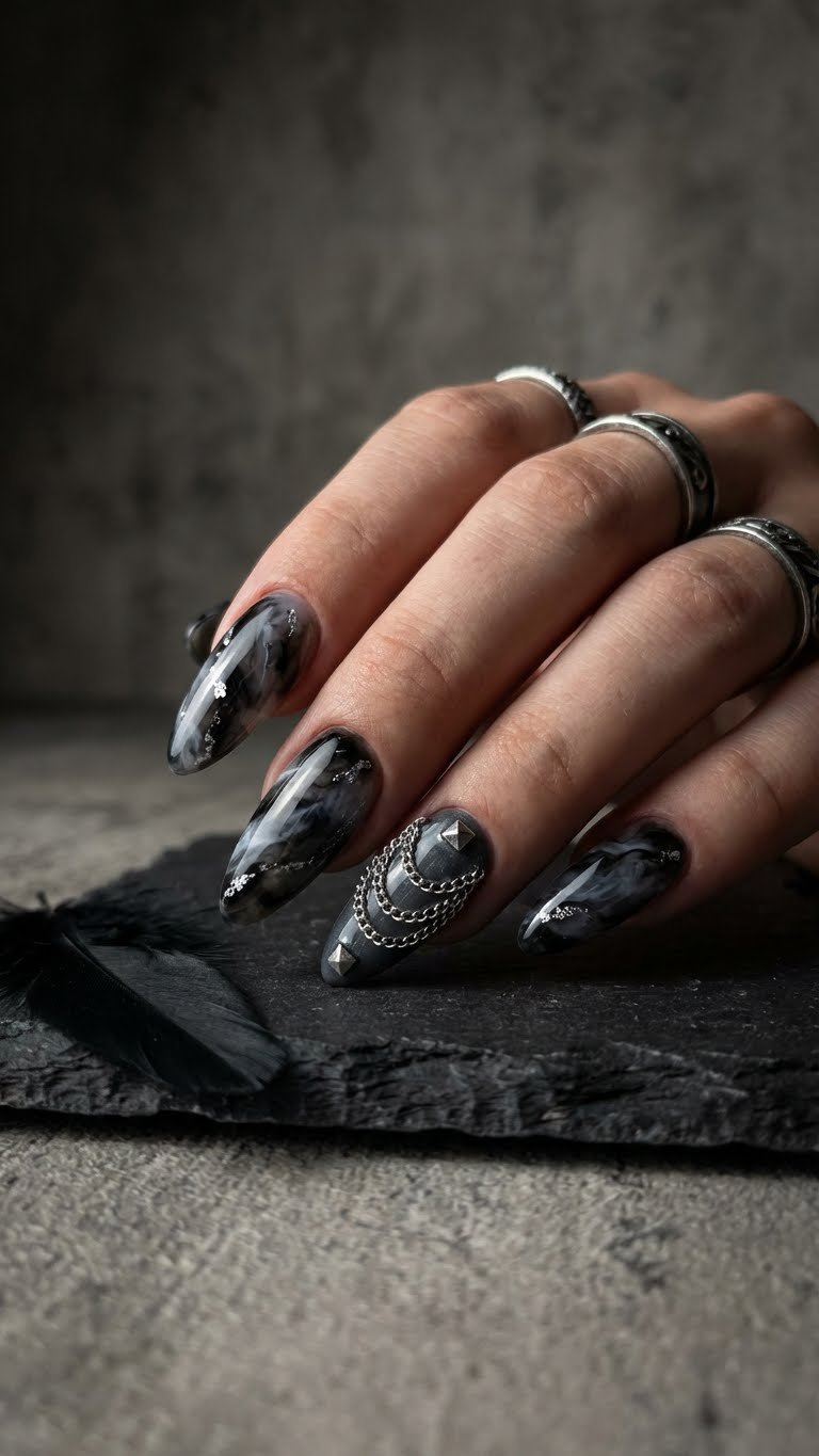 Nu-goth almond nails with smoky black, dark gray marble art & silver chain, stud accent. Dramatic metallic details.