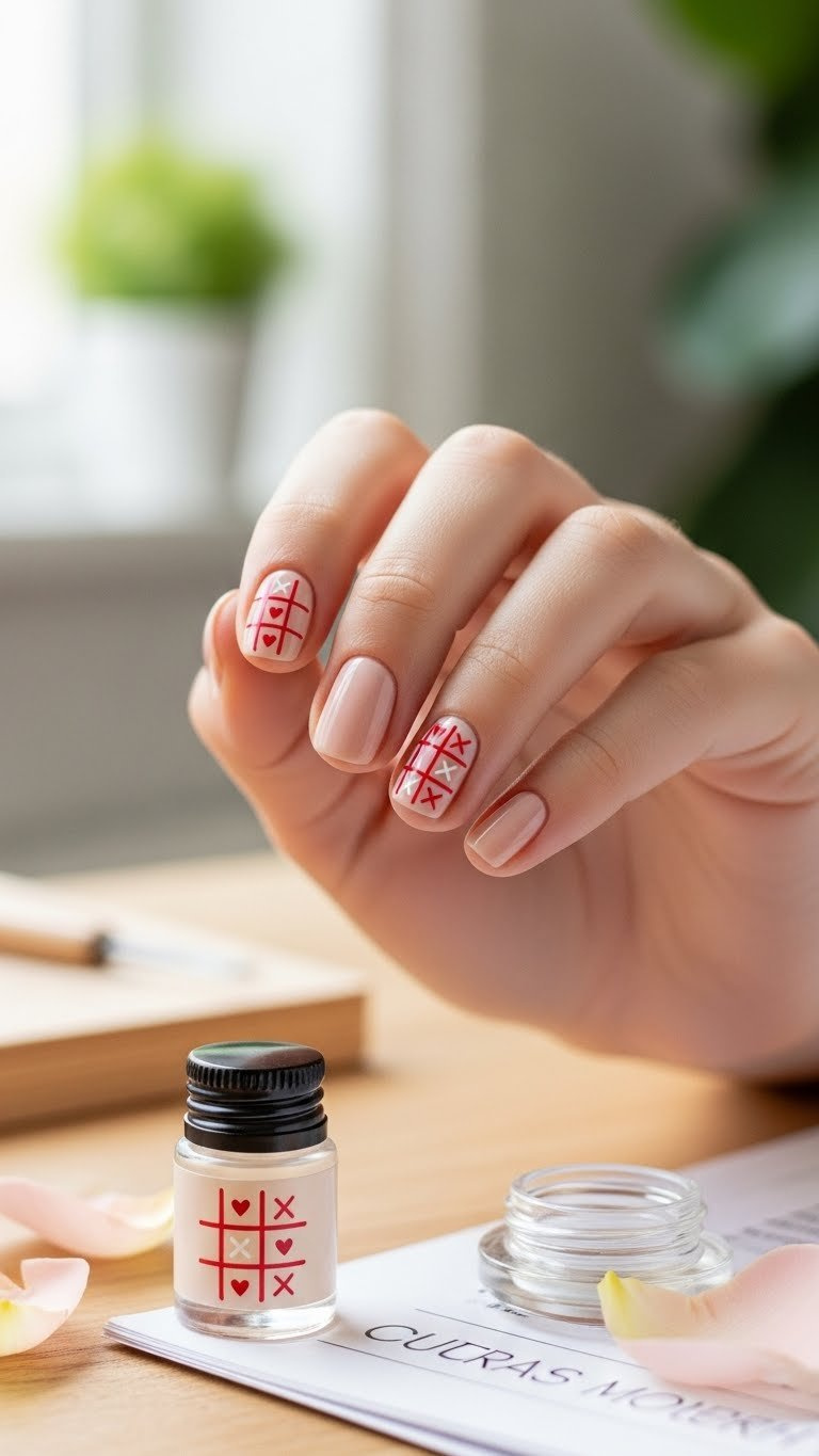 Nude short nails with red tic tac toe grid nail art, white X's, pink hearts. Manicured hand, dotting tool design, wooden desk, cuticle oil, soft light.