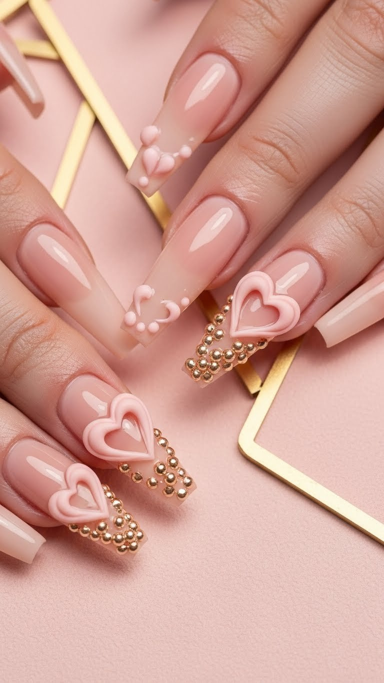 Nude stiletto nails with intricate light pink 3D hearts near tips, gold caviar beads, blush pink background.