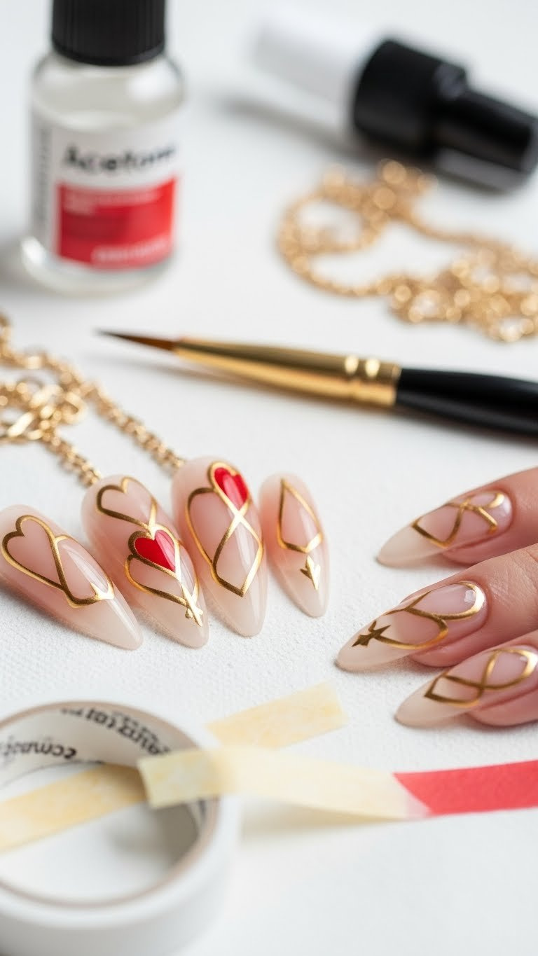Nude stiletto nails with negative space, minimalist gold outlines, and cupid details on white linen.