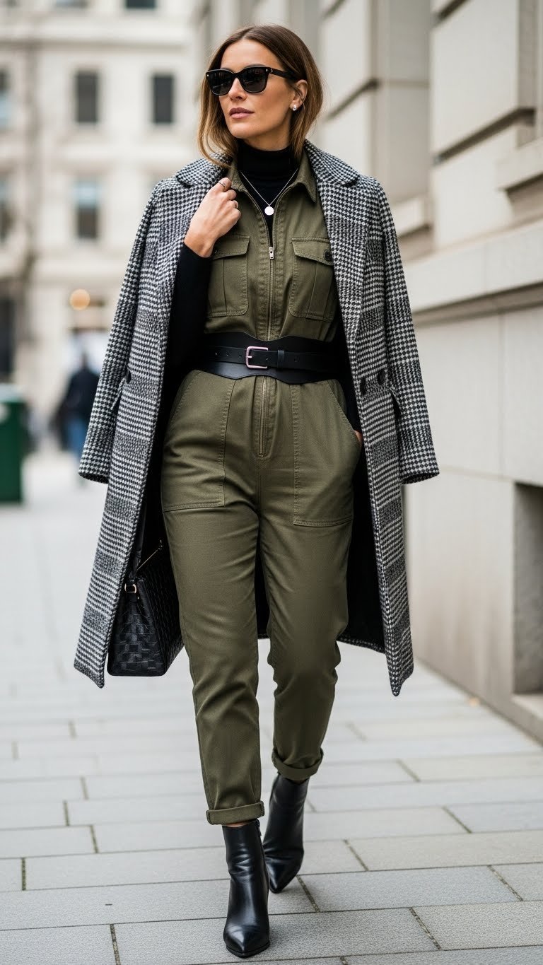 Olive green utility jumpsuit with black turtleneck, leather belt, grey plaid coat, ankle boots; modern winter street style.