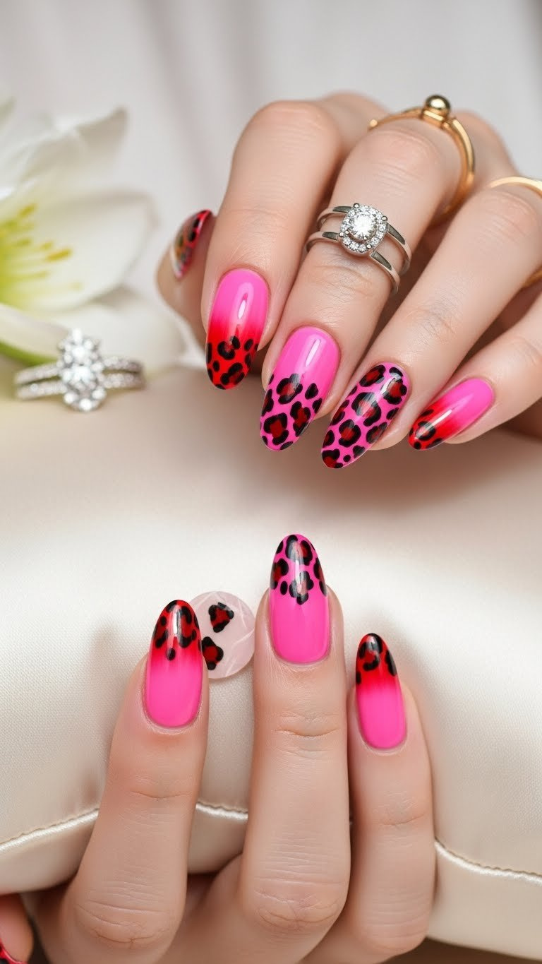 Ombré leopard nails: almond shape, pink to red ombré, black leopard print, diamond ring, white flower. Romantic manicure.