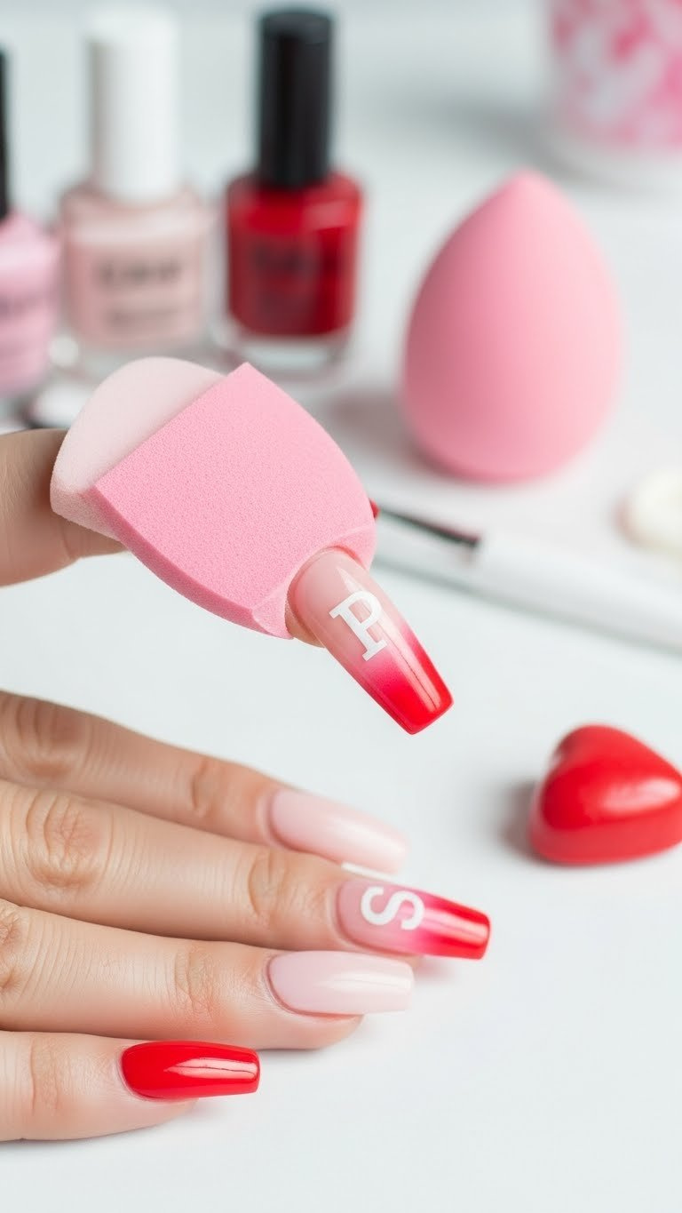 Ombre nail art fading from blush pink to cherry red, with a bold white initial 'P', on a white desk.