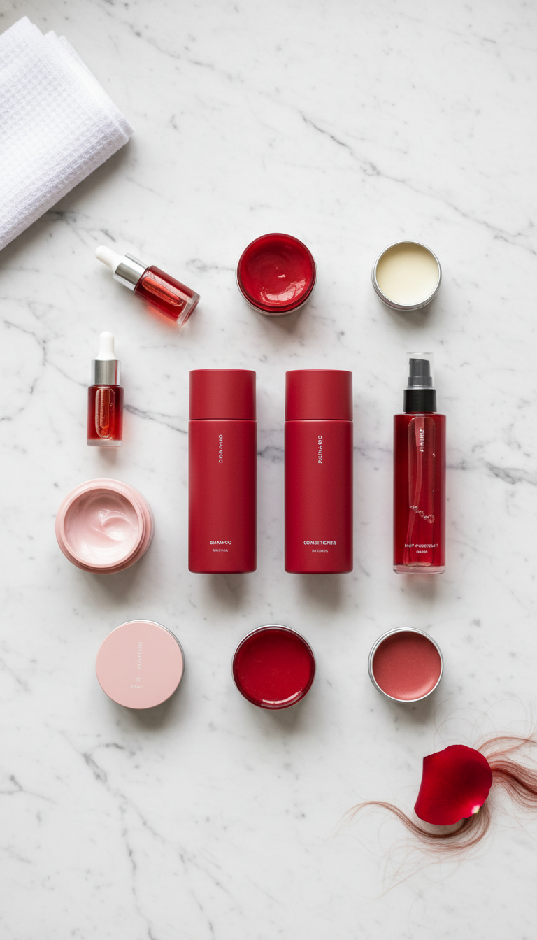 Organized flat lay of professional color-safe red hair care products: shampoos, masks, heat protectants on marble counter.