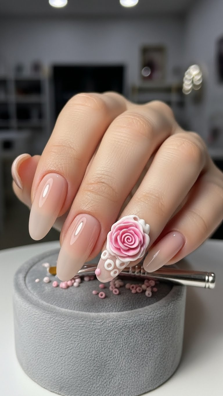 Oval acrylic nails, nude base with delicate 3D pink and white acrylic rose sculpture, on gray velvet with a brush.