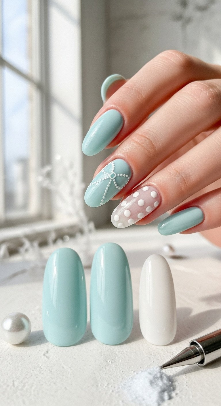 Oval nails with frosted pearlescent light blue finish, bow illusion created by tiny white dots. Includes pearl powder, dotting tool.