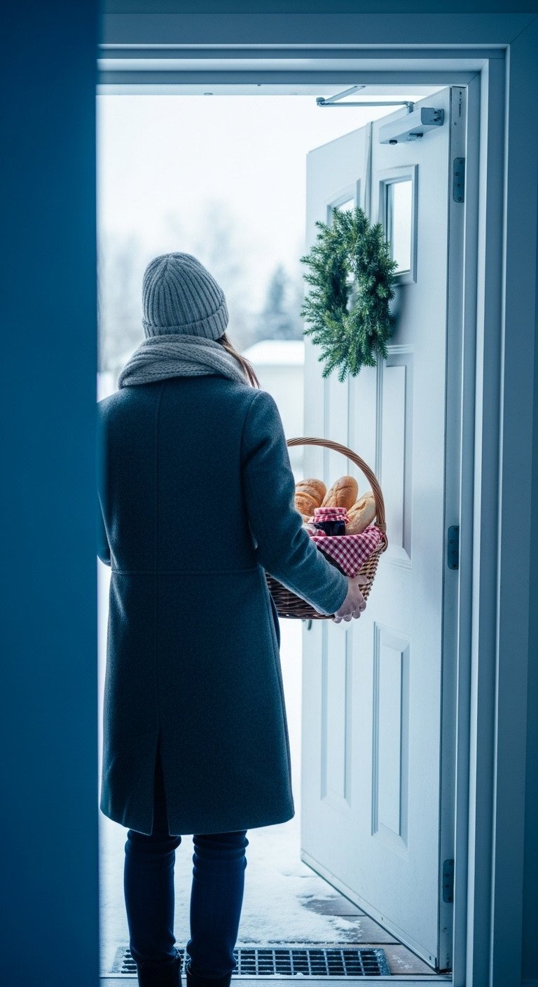 Over-the-shoulder view of a person giving a gift basket with homemade bread to a neighbor on a snowy day.