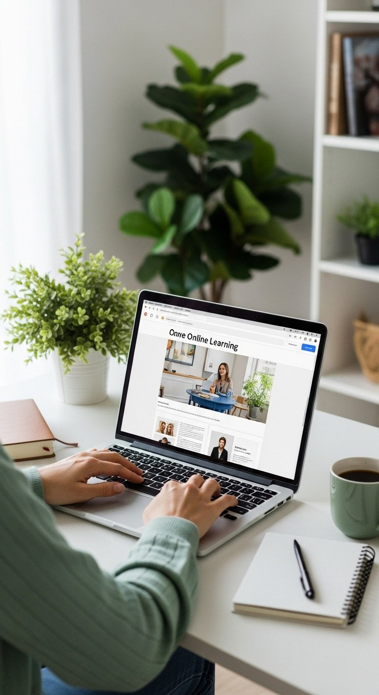 Over-the-shoulder view of a person using an online learning platform on a laptop in a cozy home office with coffee.