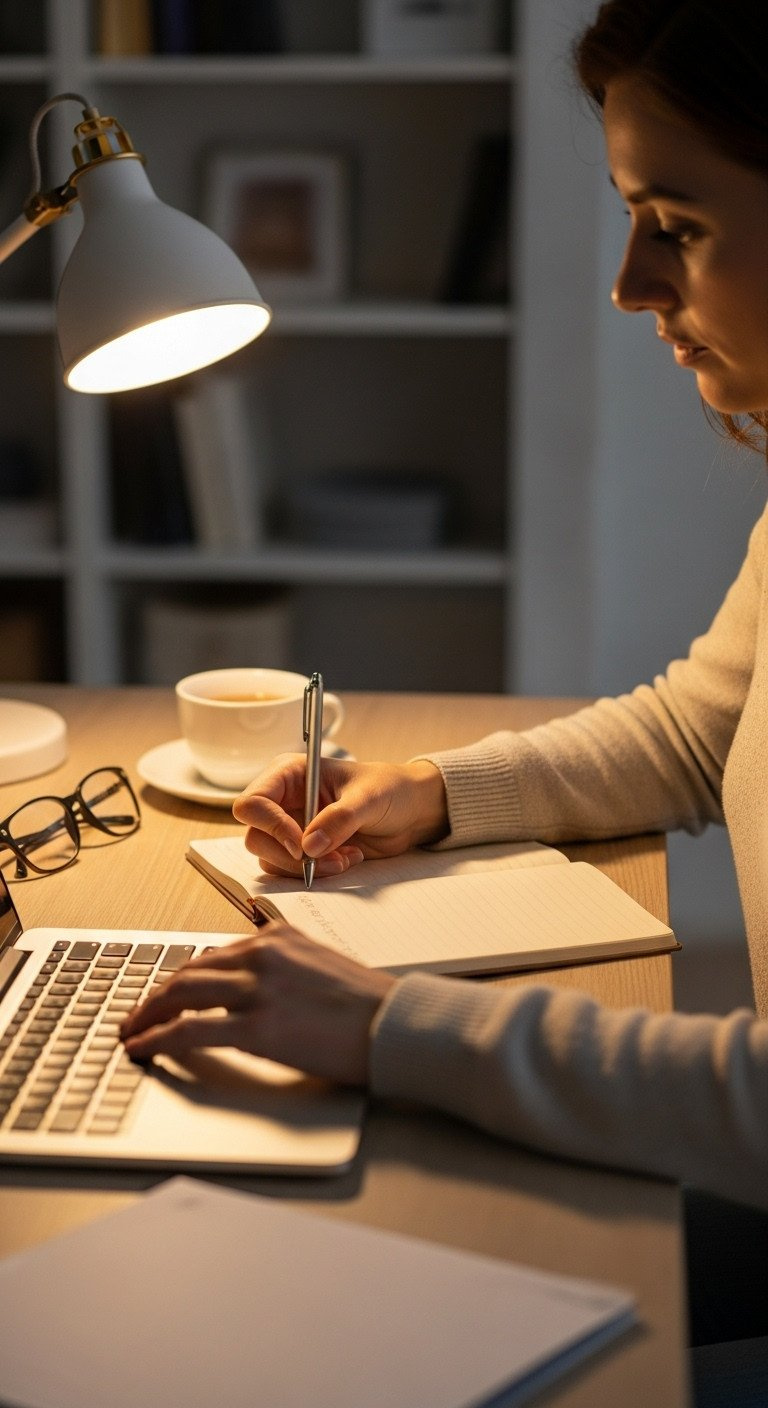 Over-the-shoulder view of a woman's hands writing in a notebook at her cozy desk with a laptop and a warm cup of tea.