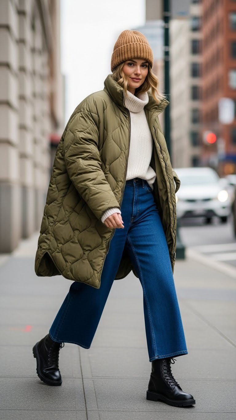 Oversized olive green puffer coat street style with blue wide-leg denim, cream sweater, tan beanie, and combat boots.