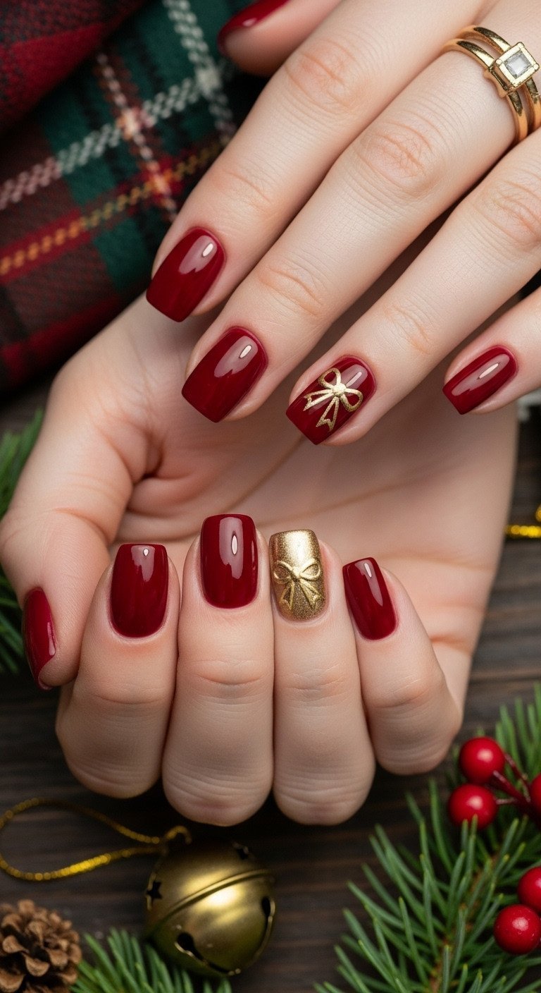 Oxblood red gold metallic accent bow nails. Hand-painted gold bow on red, rustic wood table, tartan fabric, pine.