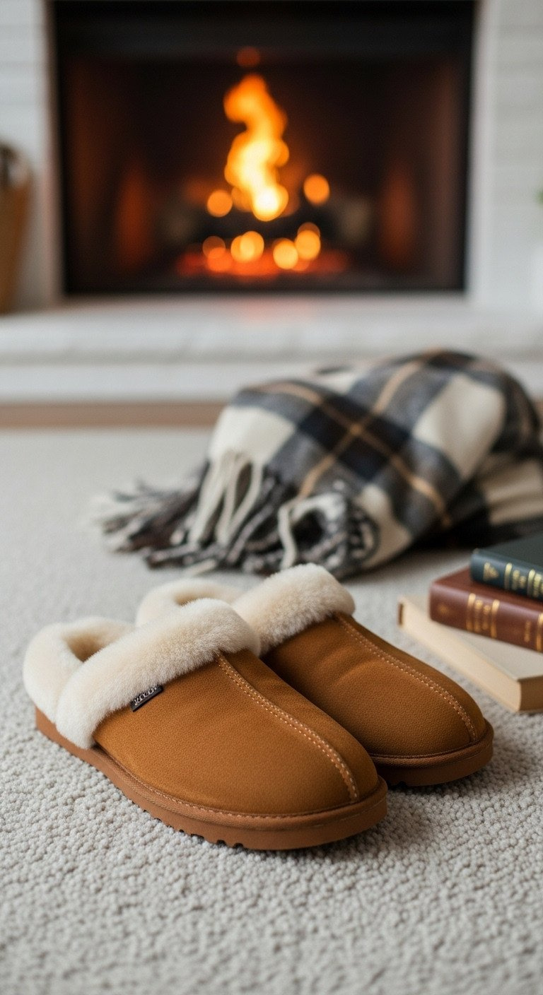 Pair of luxurious men's shearling-lined suede slippers in caramel brown on a plush gray rug in front of a cozy fireplace.