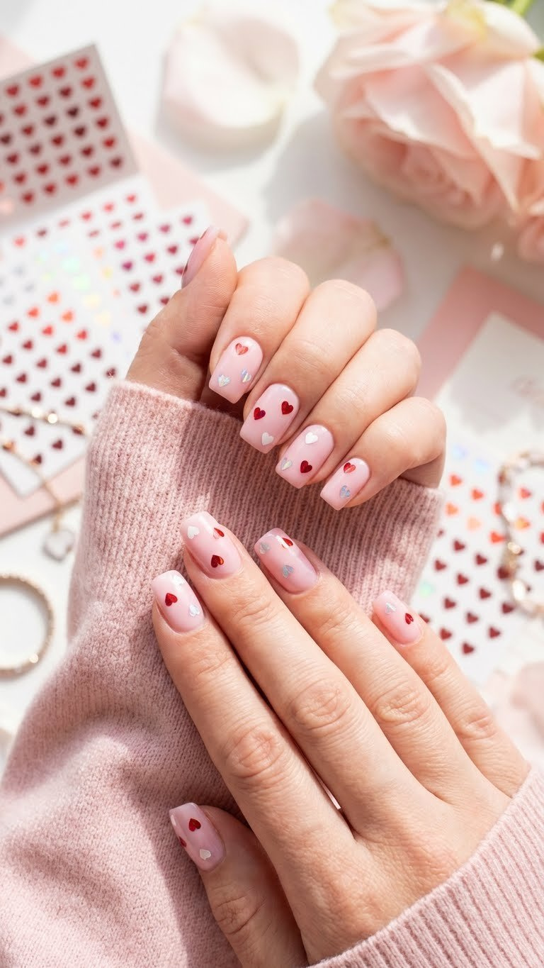 Pale pink nails with tiny holographic red and white heart decals. Confetti effect on square nails, scattered decals.