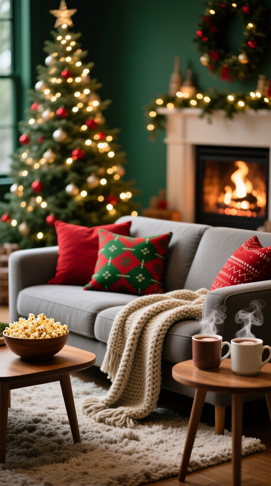 Parent and child reading a Christmas book together, snuggled in a blanket by the warm, magical glow of a Christmas tree.