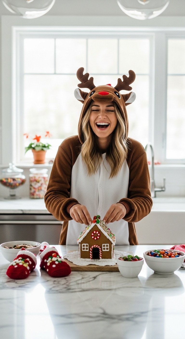 Person laughing in a festive reindeer onesie decorates a gingerbread house on a kitchen island with colorful candy.