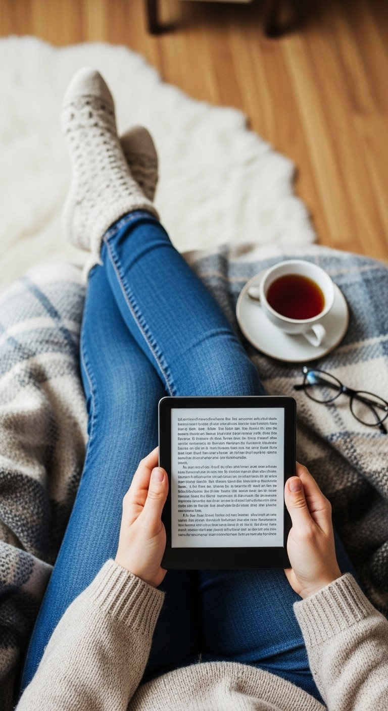 Person's hands holding a slim e-reader, resting on a cozy plaid blanket with a teacup and reading glasses nearby.