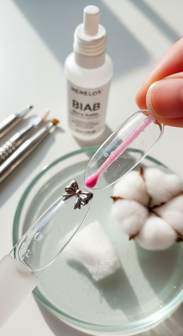 Pink BIAB structural base for 3D nail art, showing a clear nail with gel bead for bow charm, on a sterile palette with tools.