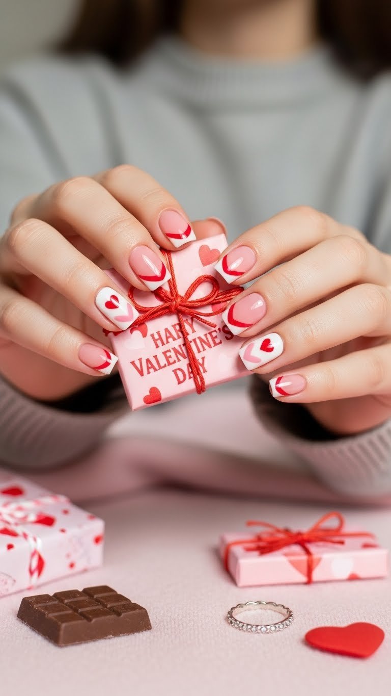 Pink and white press-on Valentine's nails, short square, glossy finish, holding chocolate box, with a silver ring. Cozy style.
