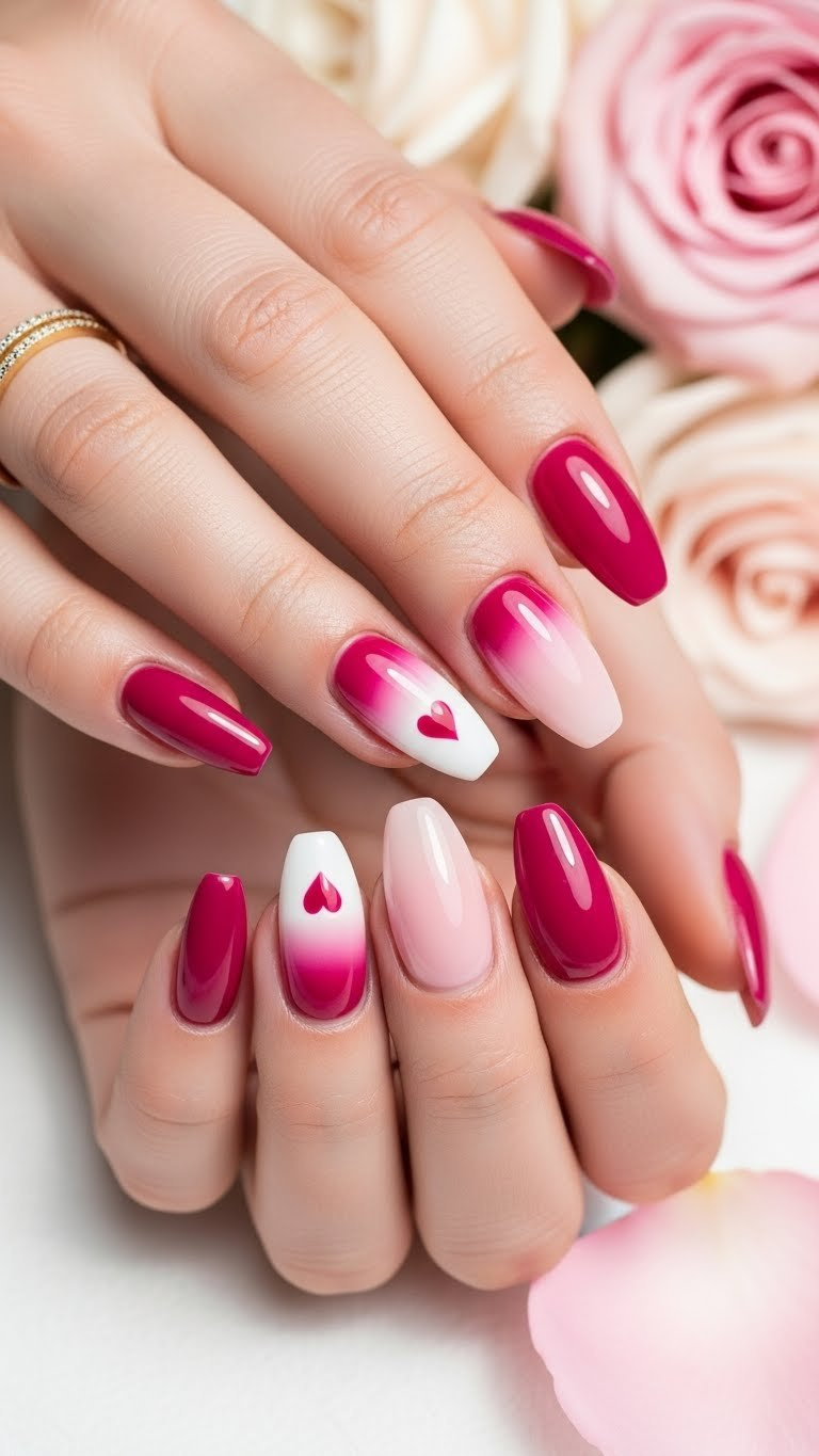 Pink ombré heart gradient nail art on almond nails. Magenta to blush pink, white heart accent. Modern look.