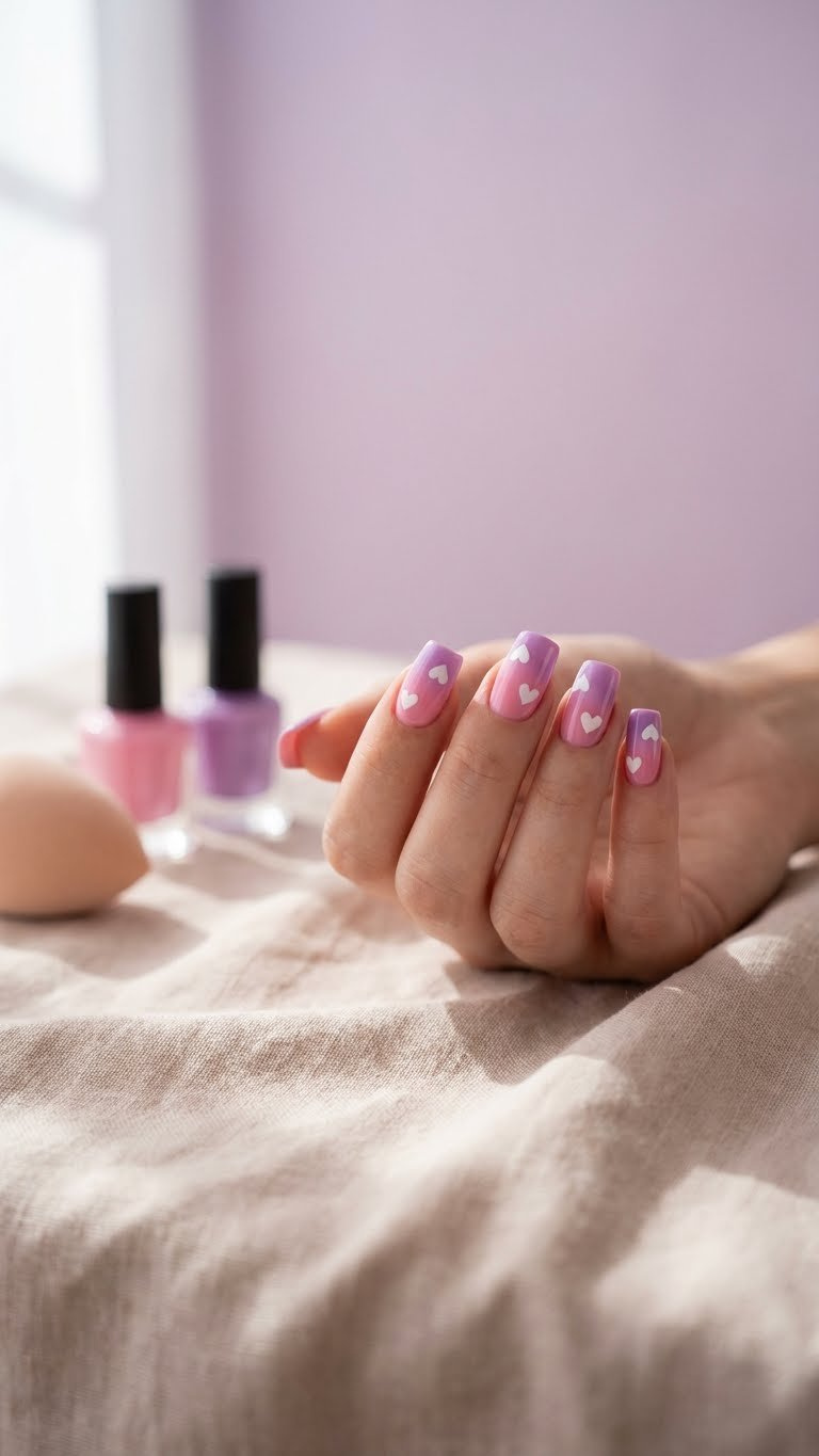Pink-to-purple ombré square nails with white candy hearts. Makeup sponge, polishes on linen tablecloth, soft window light.