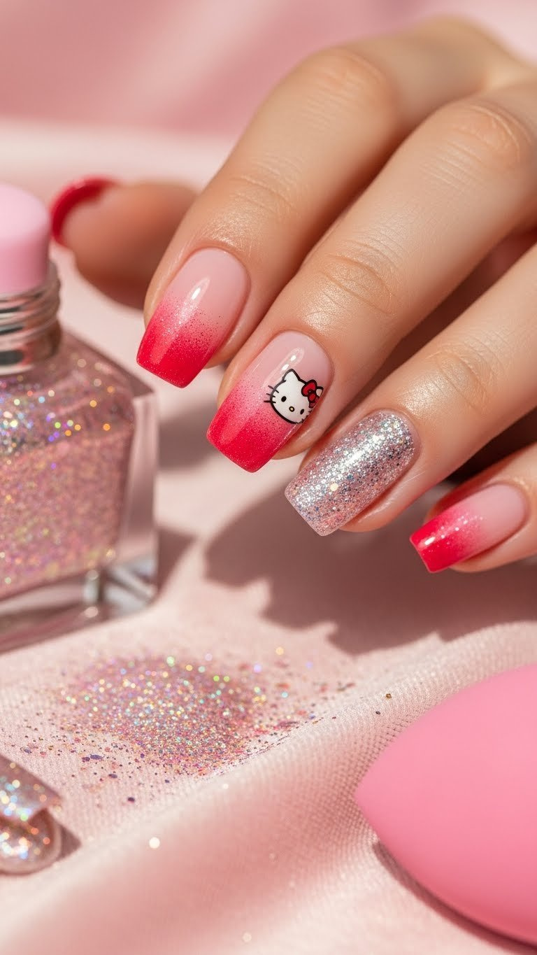 Pink to red ombre Hello Kitty Valentine nails with holographic glitter, subtle bow, on pink velvet, dreamy nail art.
