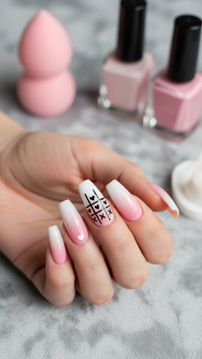 Pink-to-white ombre tic tac toe design on medium coffin nails. Black grid, white hearts, black X's. Elegant manicure.