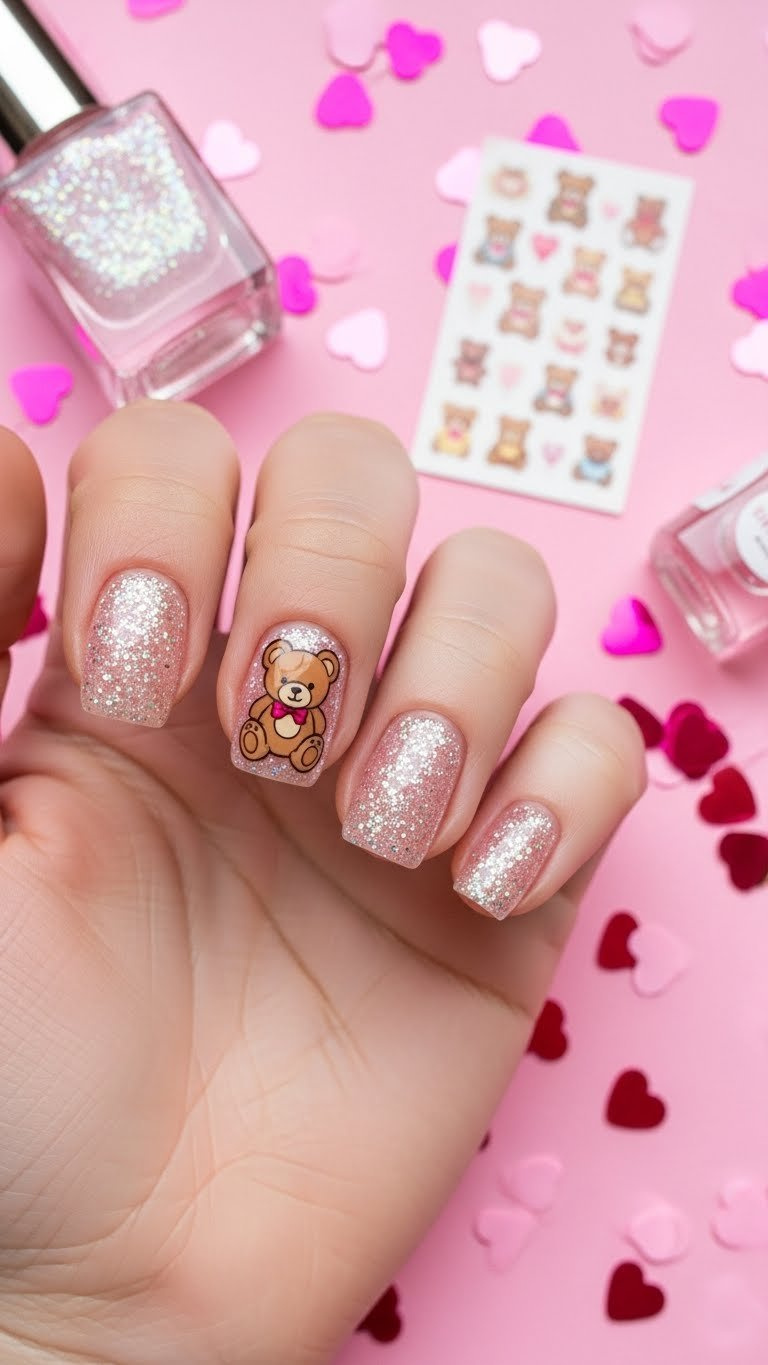 Playful DIY short round nails with sheer pink glitter base and a cute cartoon teddy bear decal, surrounded by heart confetti.
