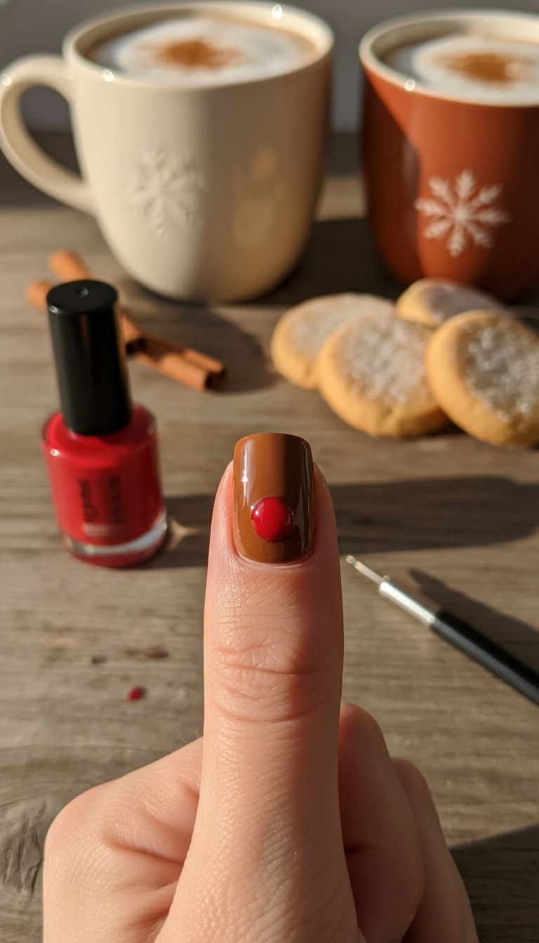 Playful Rudolph's Red Nose accent nail art: bright red dot on festive brown, with cocoa and cookies.