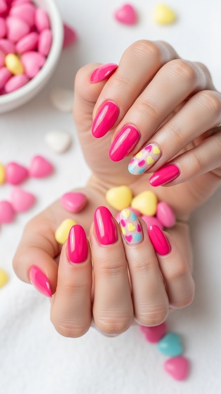 Playful hot pink oval nails with pastel candy heart decals. Glossy finish on white towel with scattered pink heart candies. Fun nail art.