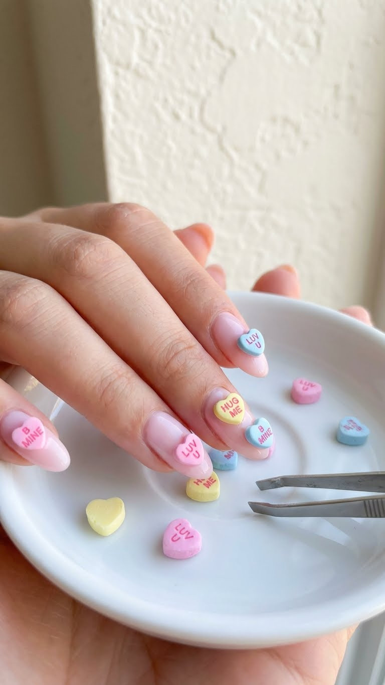 Playful light pink nails with embossed 3D candy heart decals. Detailed close-up on a white porcelain dish with tweezers and loose candy.