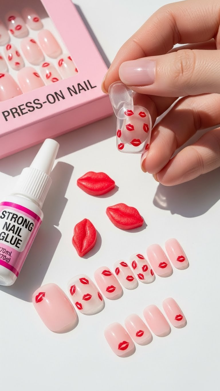 Playful short square press-on nails with a clear pink base and red lip prints, next to candies and nail glue.