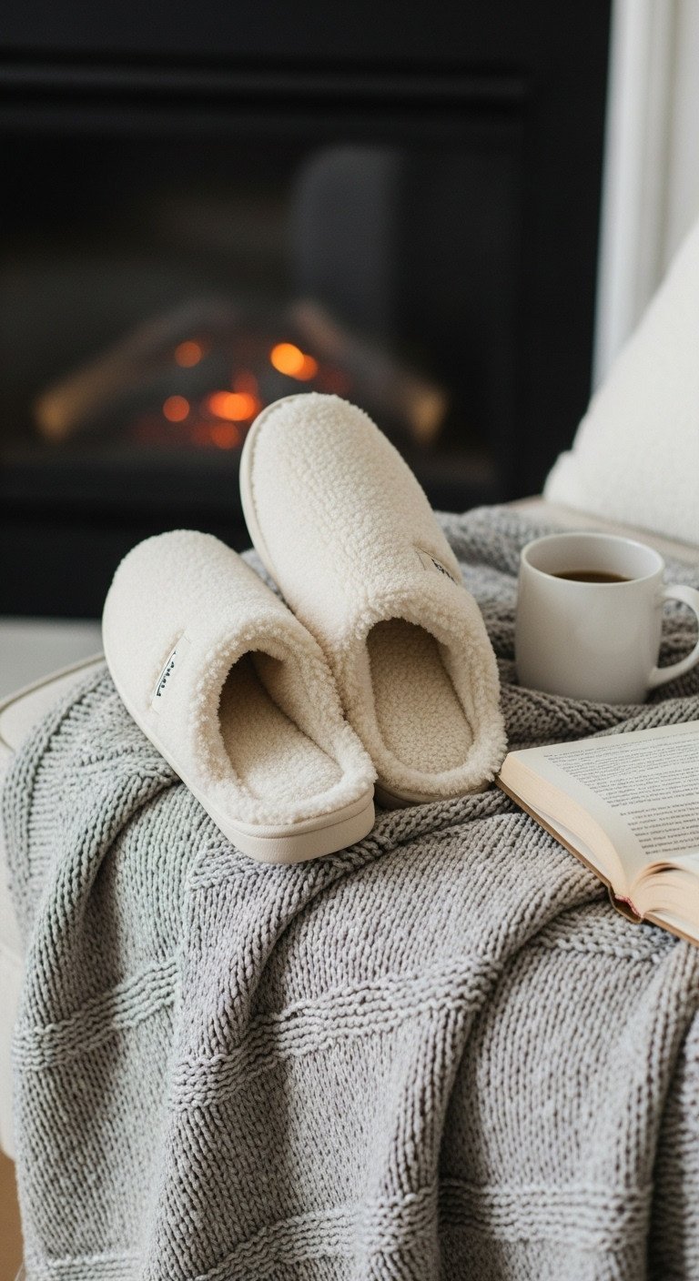 Plush cream sherpa slippers on a chunky knit blanket in a cozy living room with a book, mug, and warm fireplace.
