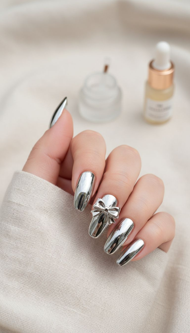 Pre-chromed metal bow charm secured near the cuticle on a neutral chrome nail, showcasing easy application of elegant nail art.